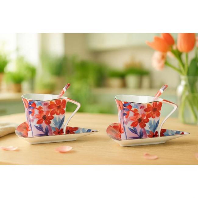 Coffret 2 tasses triangles 180 ml + sous tasse + cuill&egrave;res Aquarella
